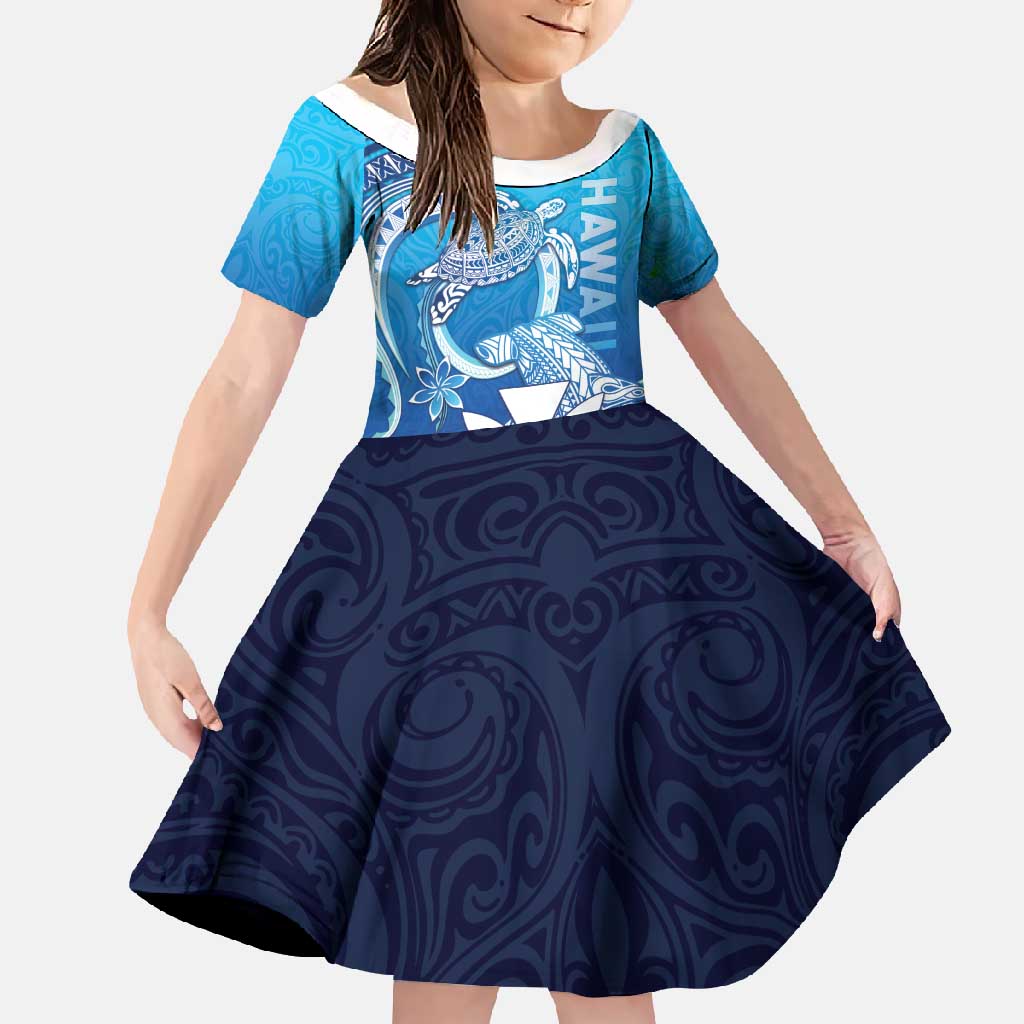 Hawaii Family Matching Off Shoulder Maxi Dress and Hawaiian Shirt Turtle With Hammerhead Shark Oceanic DT04 Daughter's Dress Blue - Polynesian Pride