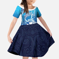 Hawaii Family Matching Off Shoulder Maxi Dress and Hawaiian Shirt Turtle With Hammerhead Shark Oceanic DT04 Daughter's Dress Blue - Polynesian Pride