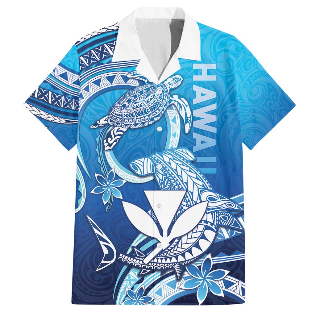 Hawaii Family Matching Off Shoulder Maxi Dress and Hawaiian Shirt Turtle With Hammerhead Shark Oceanic DT04 Dad's Shirt - Short Sleeve Blue - Polynesian Pride