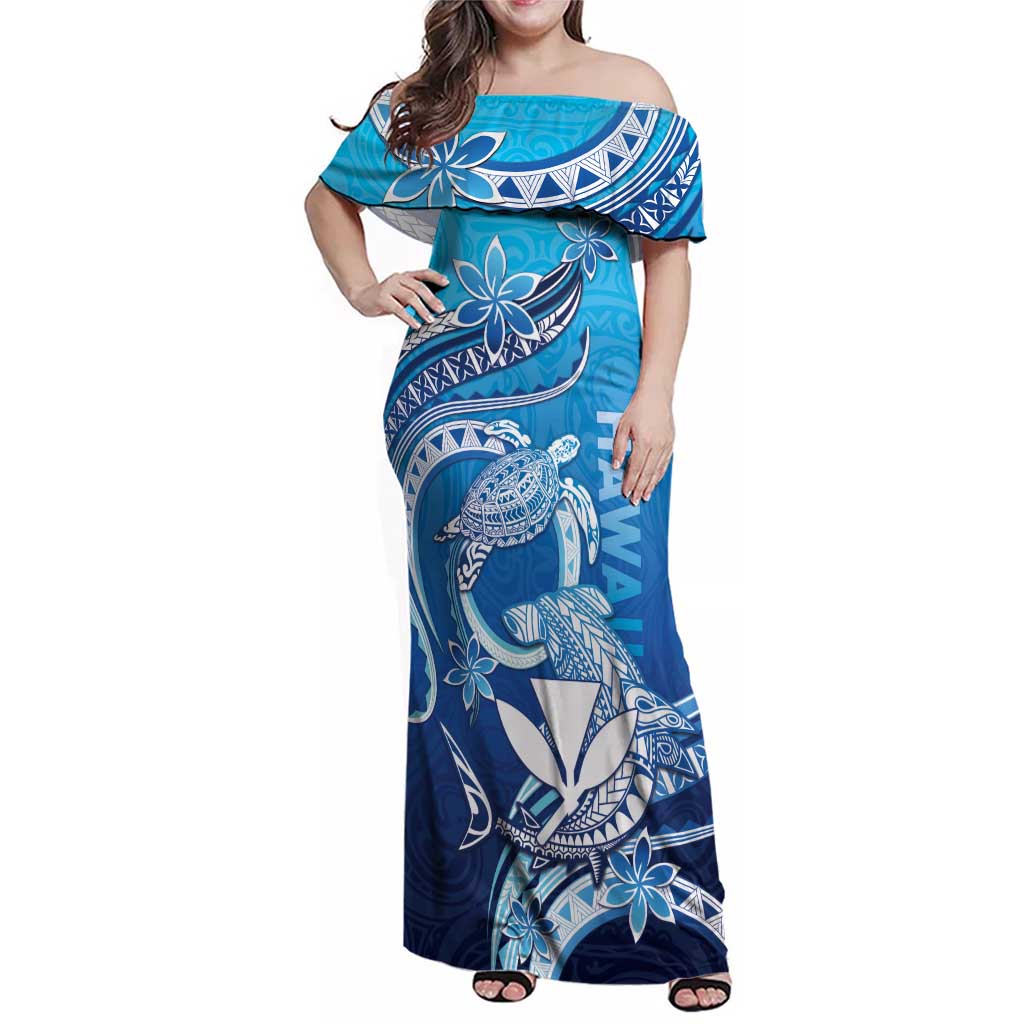 Hawaii Family Matching Off Shoulder Maxi Dress and Hawaiian Shirt Turtle With Hammerhead Shark Oceanic DT04 Mom's Dress Blue - Polynesian Pride