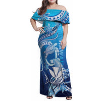 Hawaii Family Matching Off Shoulder Maxi Dress and Hawaiian Shirt Turtle With Hammerhead Shark Oceanic DT04 Mom's Dress Blue - Polynesian Pride