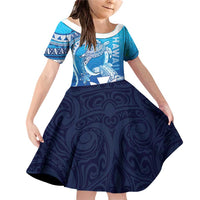 Hawaii Family Matching Off Shoulder Short Dress and Hawaiian Shirt Turtle With Hammerhead Shark Oceanic DT04 Daughter's Dress Blue - Polynesian Pride
