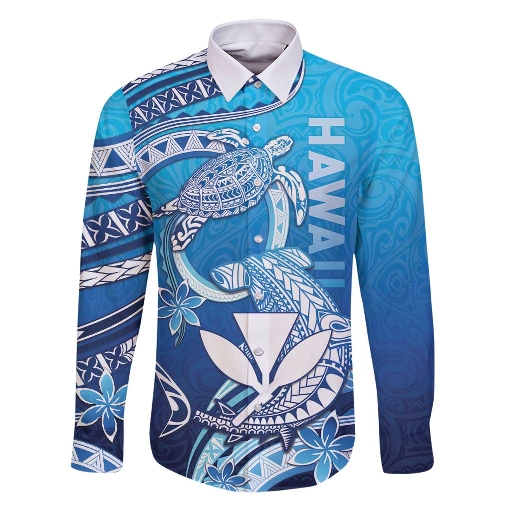 Hawaii Family Matching Summer Maxi Dress and Hawaiian Shirt Turtle With Hammerhead Shark Oceanic DT04 Dad's Shirt - Long Sleeve Blue - Polynesian Pride