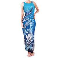 Hawaii Family Matching Tank Maxi Dress and Hawaiian Shirt Turtle With Hammerhead Shark Oceanic DT04 Mom's Dress Blue - Polynesian Pride