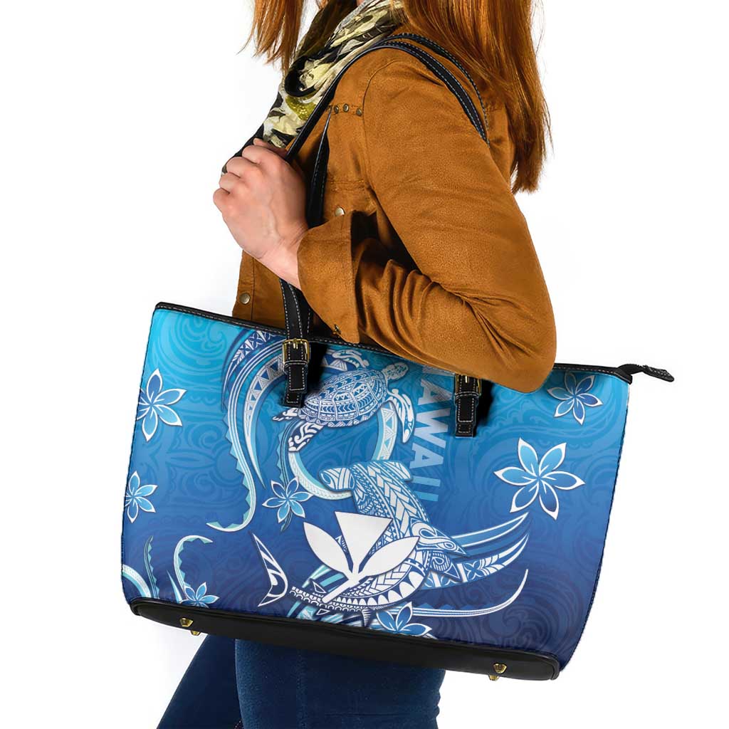 Hawaii Leather Tote Bag Turtle With Hammerhead Shark Oceanic DT04 Blue - Polynesian Pride