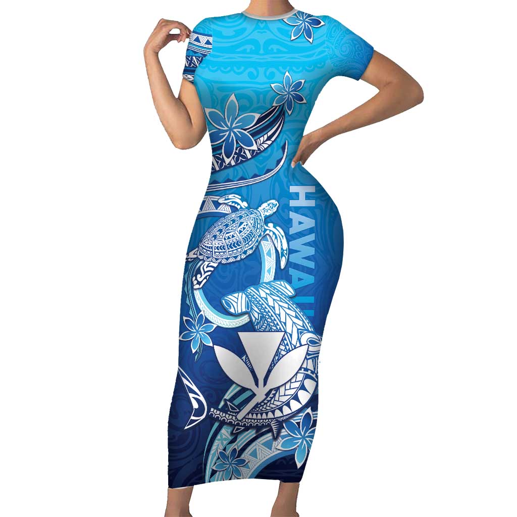 Hawaii Short Sleeve Bodycon Dress Turtle With Hammerhead Shark Oceanic DT04 Long Dress Blue - Polynesian Pride