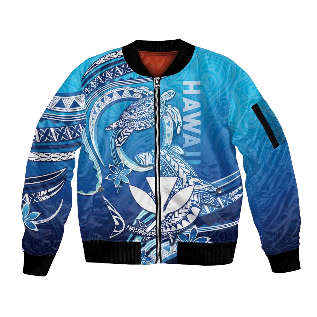 Hawaii Sleeve Zip Bomber Jacket Turtle With Hammerhead Shark Oceanic DT04 Unisex Blue - Polynesian Pride