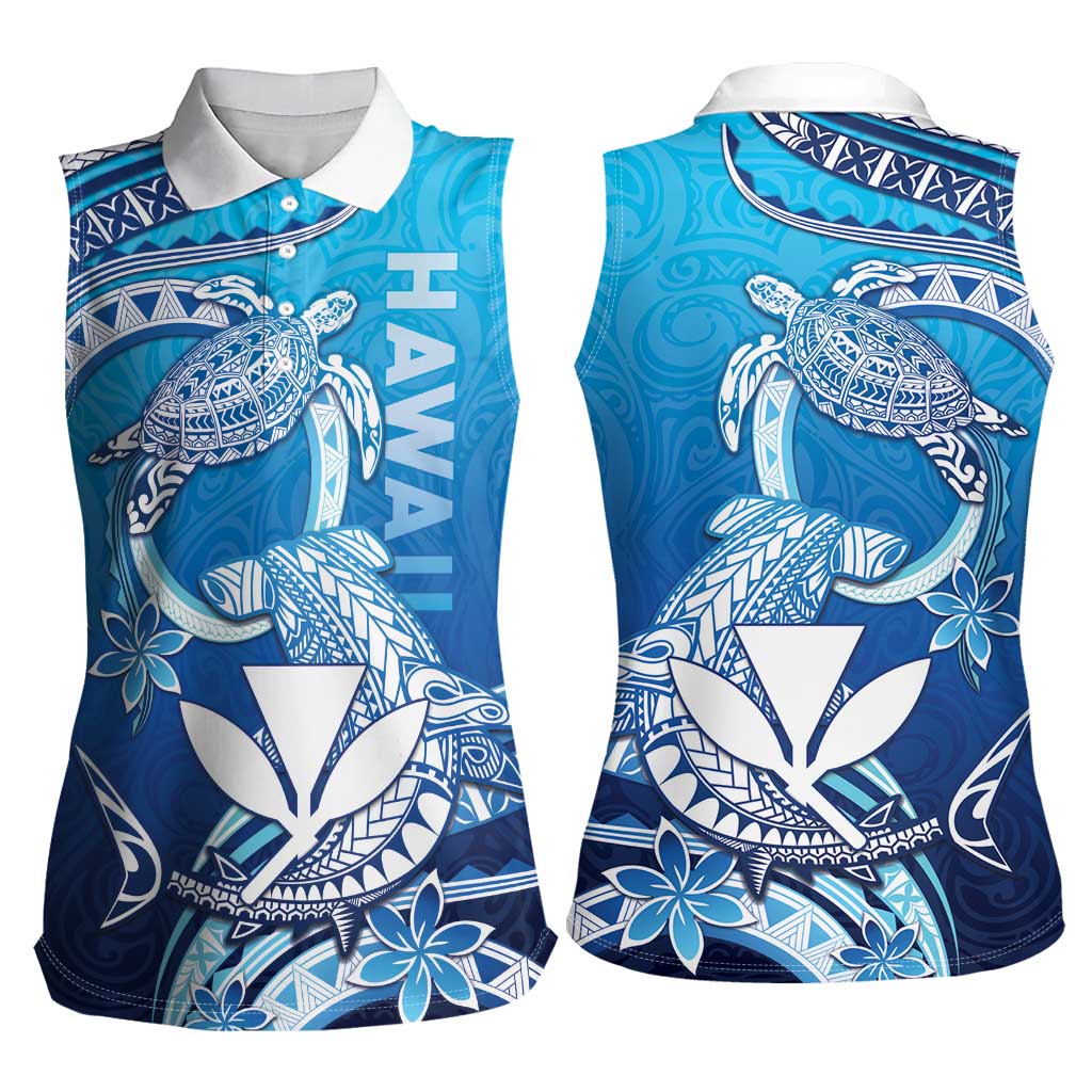 Hawaii Women Sleeveless Polo Shirt Turtle With Hammerhead Shark Oceanic DT04 - Polynesian Pride