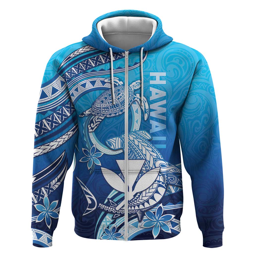 Hawaii Zip Hoodie Turtle With Hammerhead Shark Oceanic DT04 Zip Hoodie Blue - Polynesian Pride