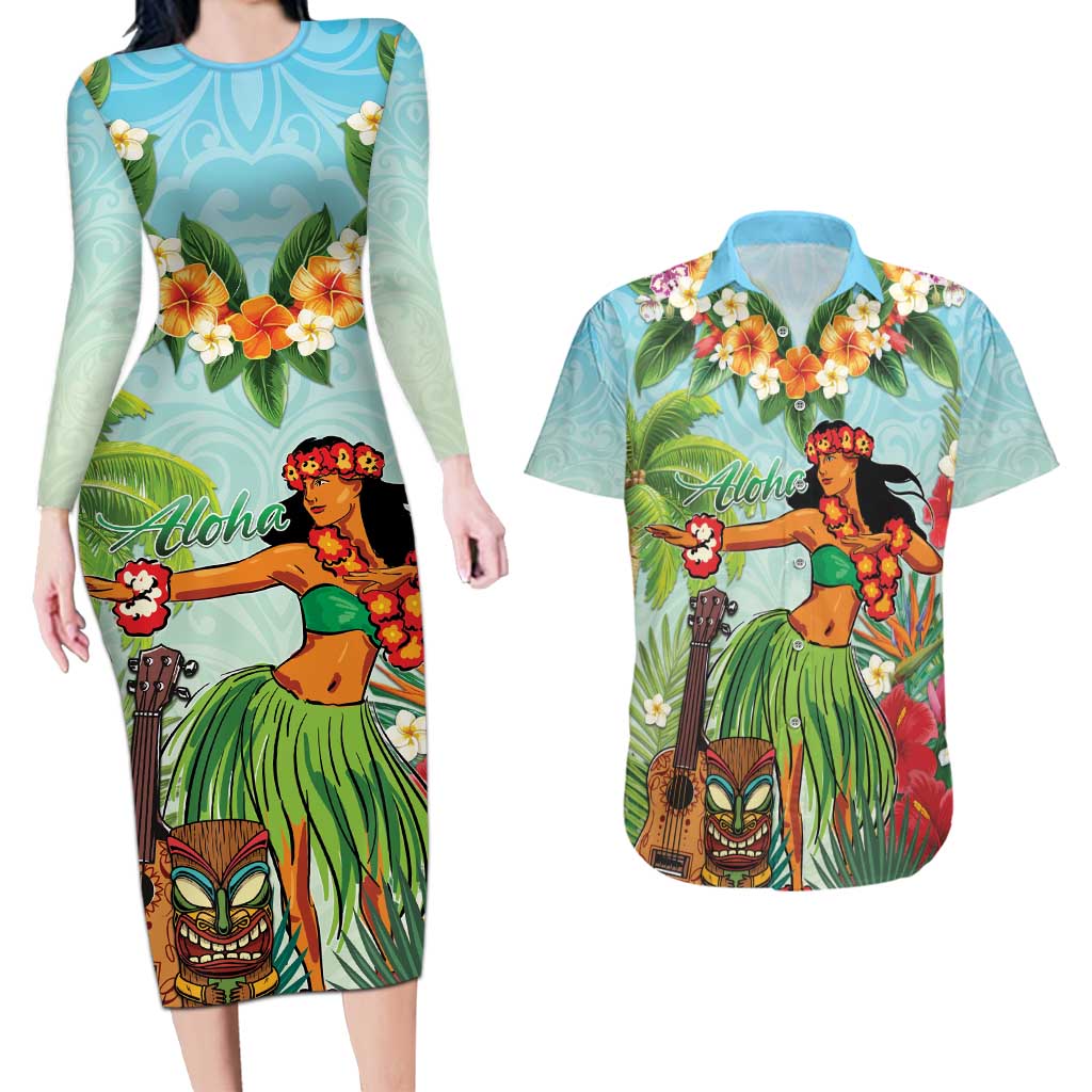 Hawaii Lei Day Couples Matching Long Sleeve Bodycon Dress and Hawaiian Shirt Hula Girl With Tropical Forest DT04 Blue - Polynesian Pride