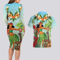 Hawaii Lei Day Couples Matching Long Sleeve Bodycon Dress and Hawaiian Shirt Hula Girl With Tropical Forest DT04 - Polynesian Pride