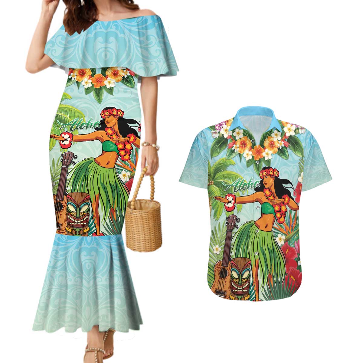 Hawaii Lei Day Couples Matching Mermaid Dress and Hawaiian Shirt Hula Girl With Tropical Forest DT04 Blue - Polynesian Pride
