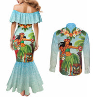 Hawaii Lei Day Couples Matching Mermaid Dress and Long Sleeve Button Shirt Hula Girl With Tropical Forest DT04 - Polynesian Pride