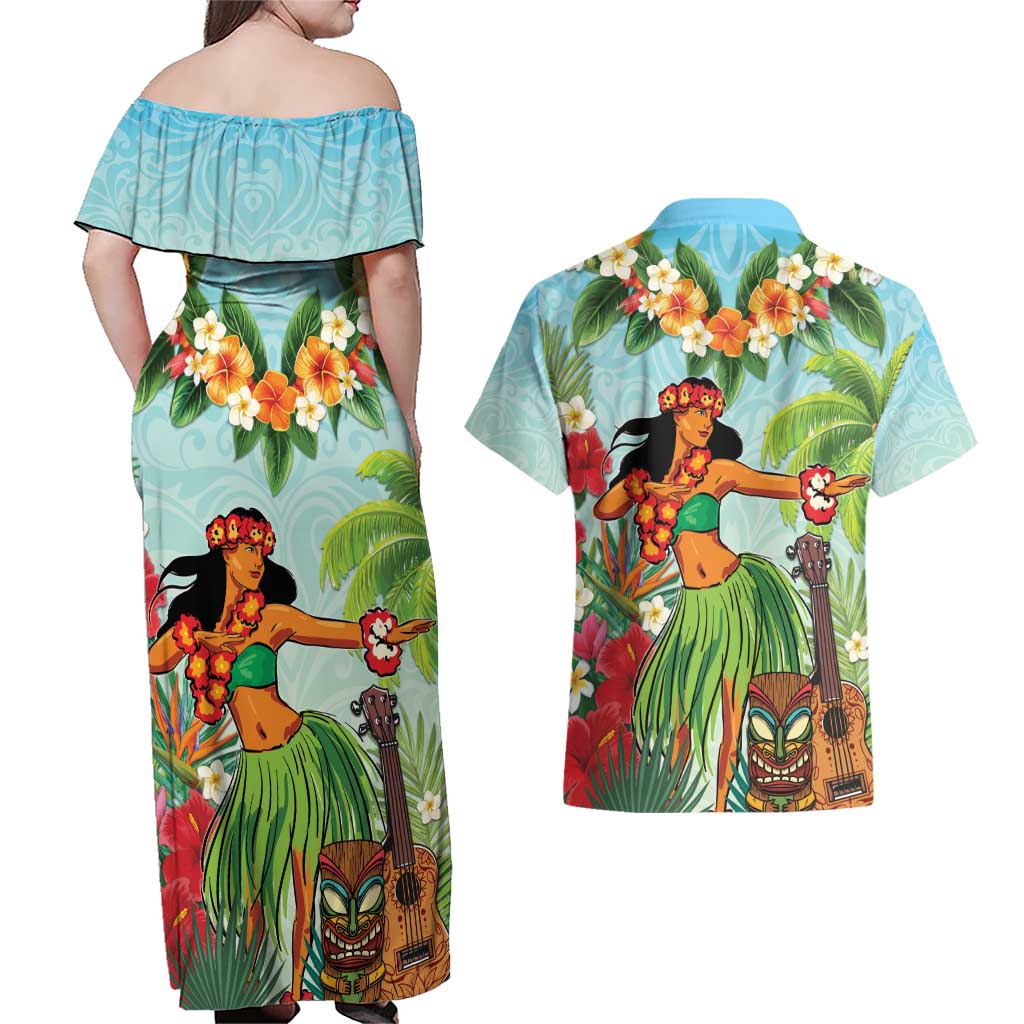 Hawaii Lei Day Couples Matching Off Shoulder Maxi Dress and Hawaiian Shirt Hula Girl With Tropical Forest DT04 - Polynesian Pride