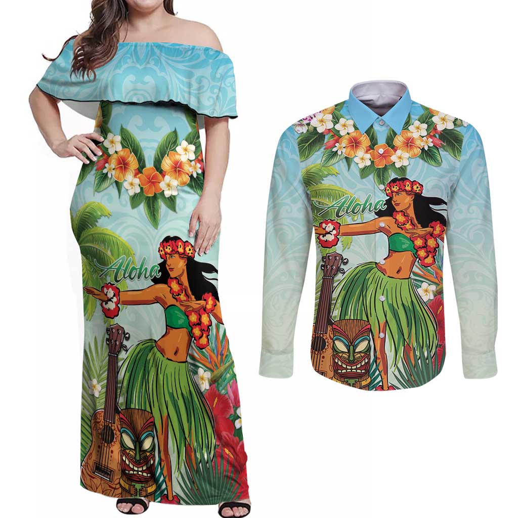 Hawaii Lei Day Couples Matching Off Shoulder Maxi Dress and Long Sleeve Button Shirt Hula Girl With Tropical Forest DT04 Blue - Polynesian Pride