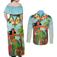 Hawaii Lei Day Couples Matching Off Shoulder Maxi Dress and Long Sleeve Button Shirt Hula Girl With Tropical Forest DT04 - Polynesian Pride