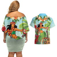 Hawaii Lei Day Couples Matching Off Shoulder Short Dress and Hawaiian Shirt Hula Girl With Tropical Forest DT04 - Polynesian Pride
