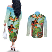 Hawaii Lei Day Couples Matching Off The Shoulder Long Sleeve Dress and Long Sleeve Button Shirt Hula Girl With Tropical Forest DT04 - Polynesian Pride