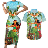 Hawaii Lei Day Couples Matching Short Sleeve Bodycon Dress and Hawaiian Shirt Hula Girl With Tropical Forest DT04 Blue - Polynesian Pride