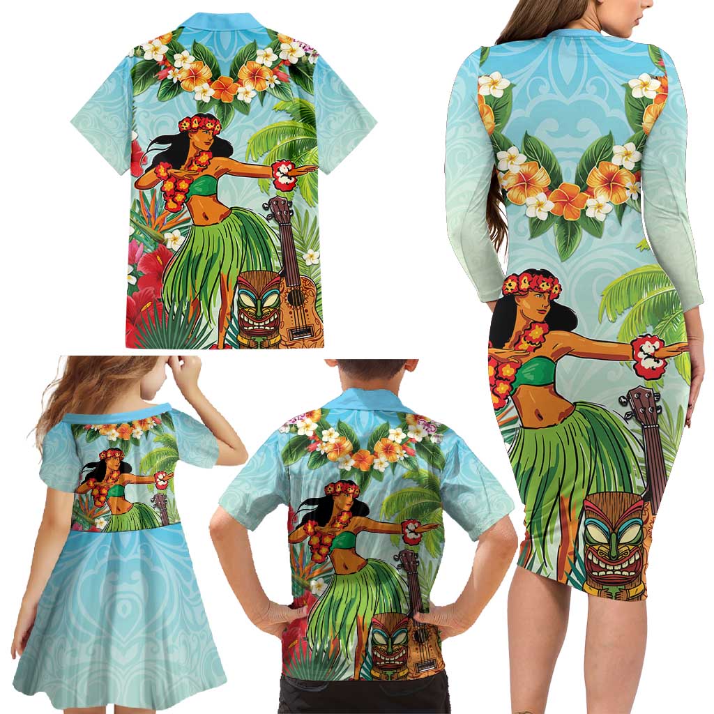 Hawaii Lei Day Family Matching Long Sleeve Bodycon Dress and Hawaiian Shirt Hula Girl With Tropical Forest DT04 - Polynesian Pride