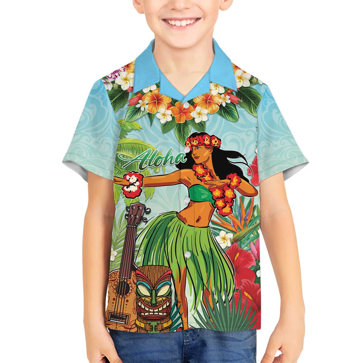 Hawaii Lei Day Family Matching Off The Shoulder Long Sleeve Dress and Hawaiian Shirt Hula Girl With Tropical Forest DT04 Son's Shirt Blue - Polynesian Pride