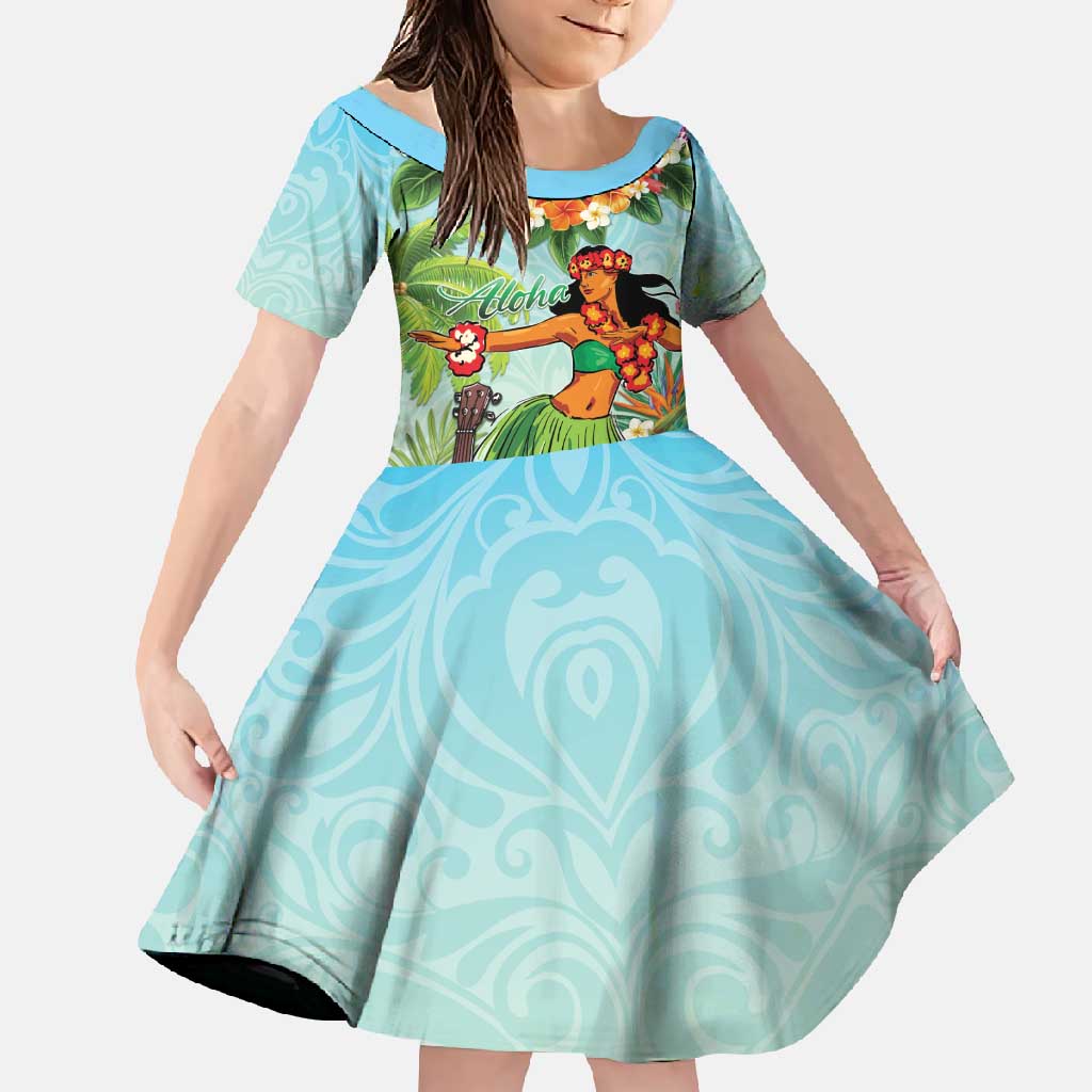 Hawaii Lei Day Family Matching Off Shoulder Maxi Dress and Hawaiian Shirt Hula Girl With Tropical Forest DT04 Daughter's Dress Blue - Polynesian Pride