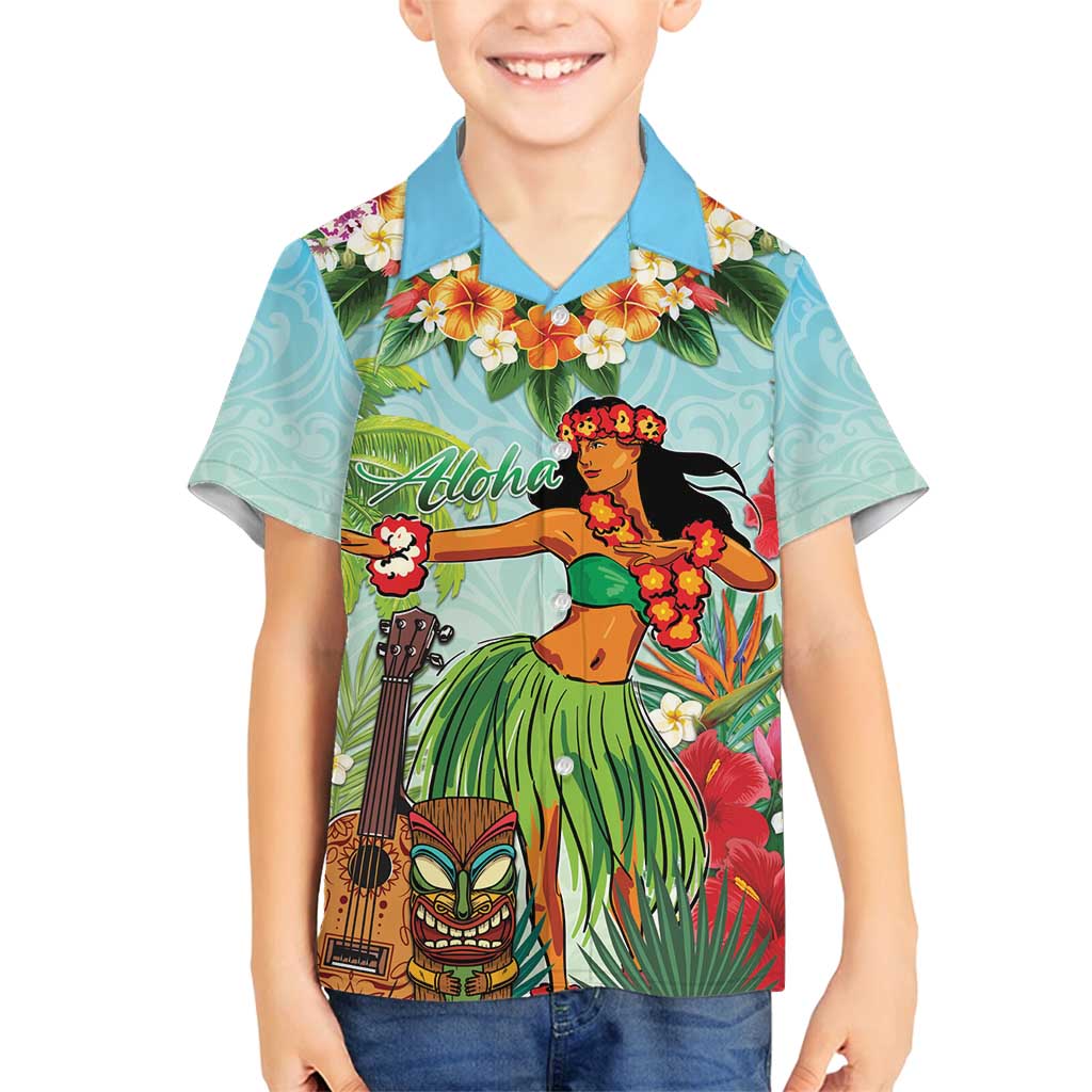 Hawaii Lei Day Family Matching Off Shoulder Maxi Dress and Hawaiian Shirt Hula Girl With Tropical Forest DT04 Son's Shirt Blue - Polynesian Pride