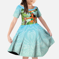 Hawaii Lei Day Family Matching Puletasi and Hawaiian Shirt Hula Girl With Tropical Forest DT04 Daughter's Dress Blue - Polynesian Pride