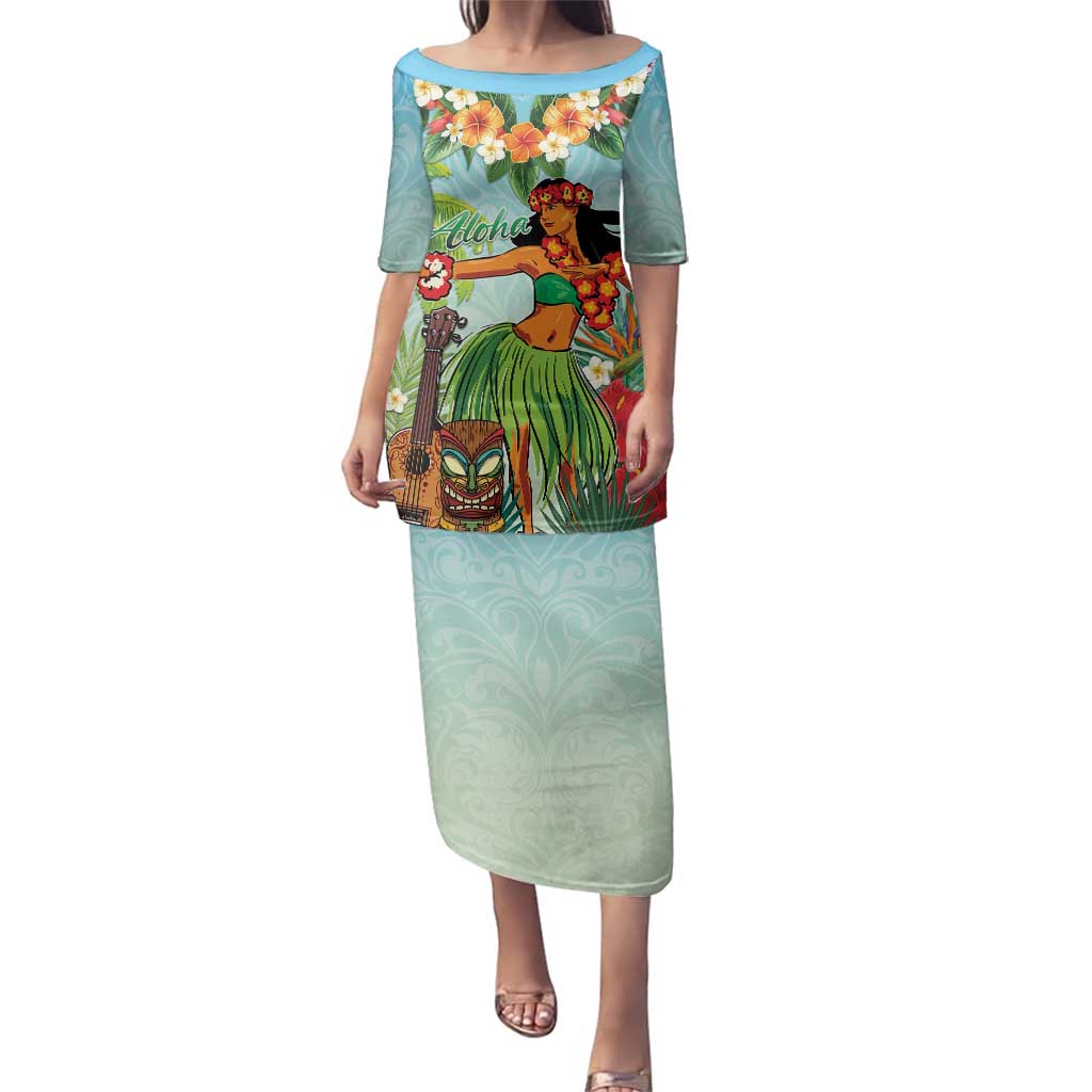 Hawaii Lei Day Family Matching Puletasi and Hawaiian Shirt Hula Girl With Tropical Forest DT04 Mom's Dress Blue - Polynesian Pride