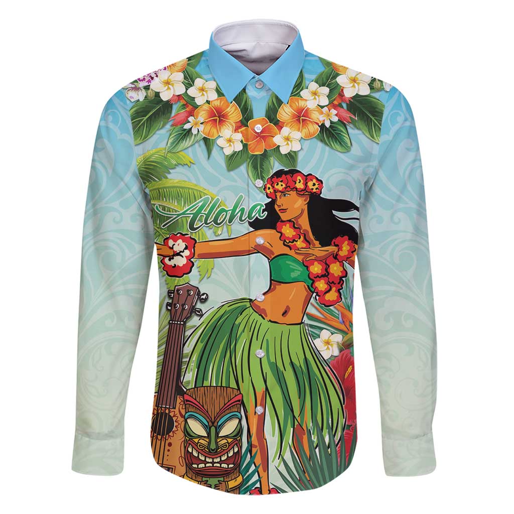 Hawaii Lei Day Family Matching Summer Maxi Dress and Hawaiian Shirt Hula Girl With Tropical Forest DT04 Dad's Shirt - Long Sleeve Blue - Polynesian Pride
