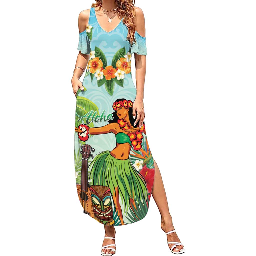Hawaii Lei Day Family Matching Summer Maxi Dress and Hawaiian Shirt Hula Girl With Tropical Forest DT04 Mom's Dress Blue - Polynesian Pride