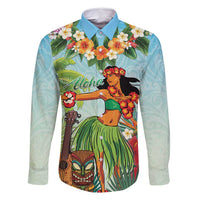 Hawaii Lei Day Family Matching Tank Maxi Dress and Hawaiian Shirt Hula Girl With Tropical Forest DT04 Dad's Shirt - Long Sleeve Blue - Polynesian Pride