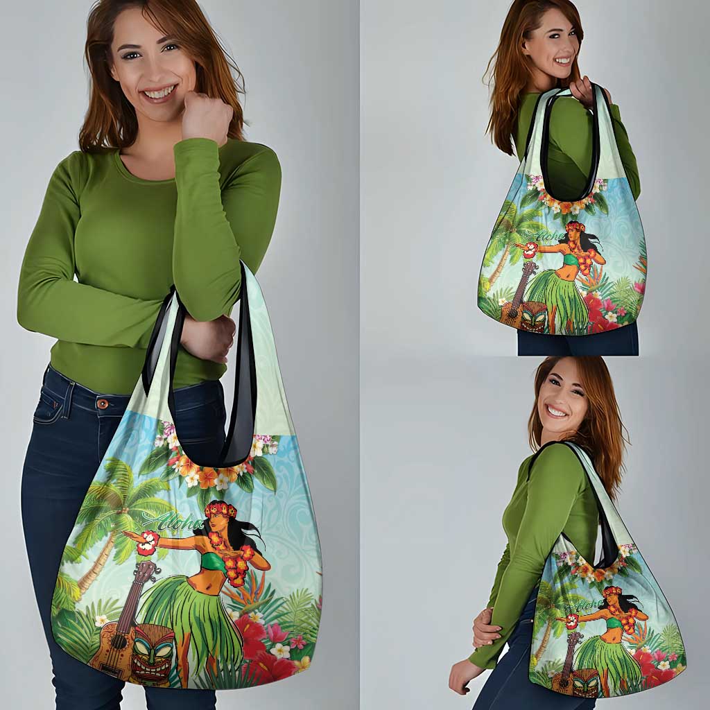 Hawaii Lei Day Grocery Bag Hula Girl With Tropical Forest