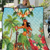 Hawaii Lei Day Quilt Hula Girl With Tropical Forest DT04 Blue - Polynesian Pride