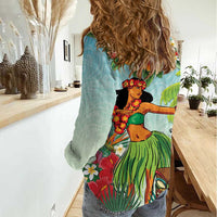 Hawaii Lei Day Women Casual Shirt Hula Girl With Tropical Forest