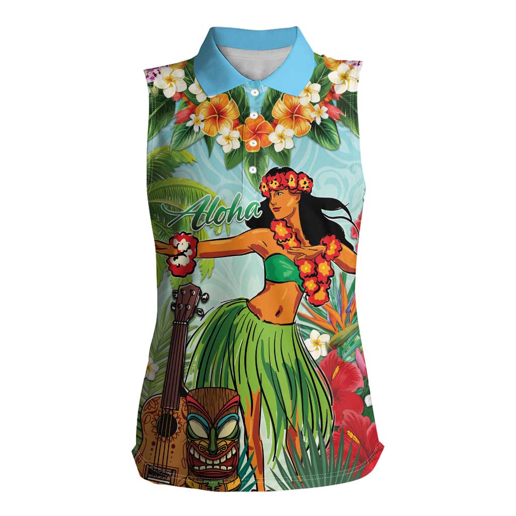 Hawaii Lei Day Women Sleeveless Polo Shirt Hula Girl With Tropical Forest DT04 Female Blue - Polynesian Pride