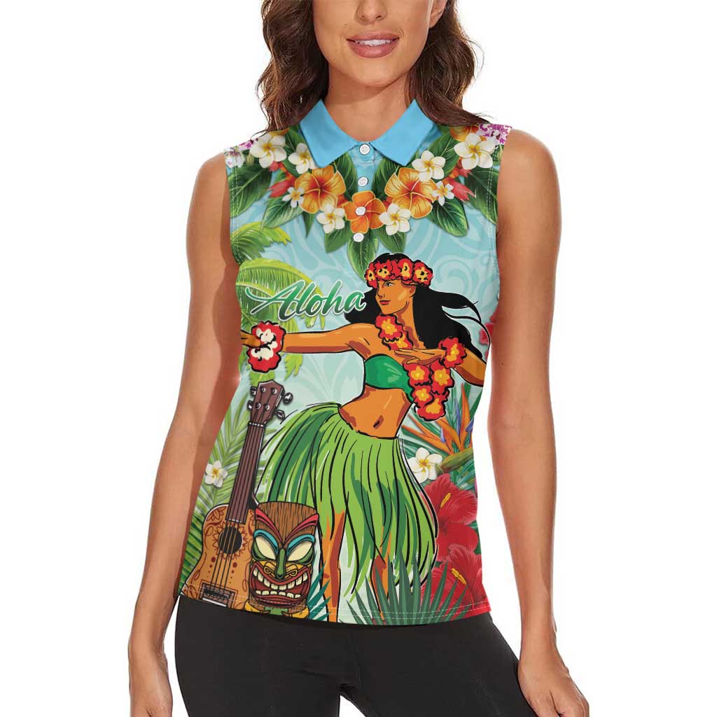 Hawaii Lei Day Women Sleeveless Polo Shirt Hula Girl With Tropical Forest DT04 - Polynesian Pride