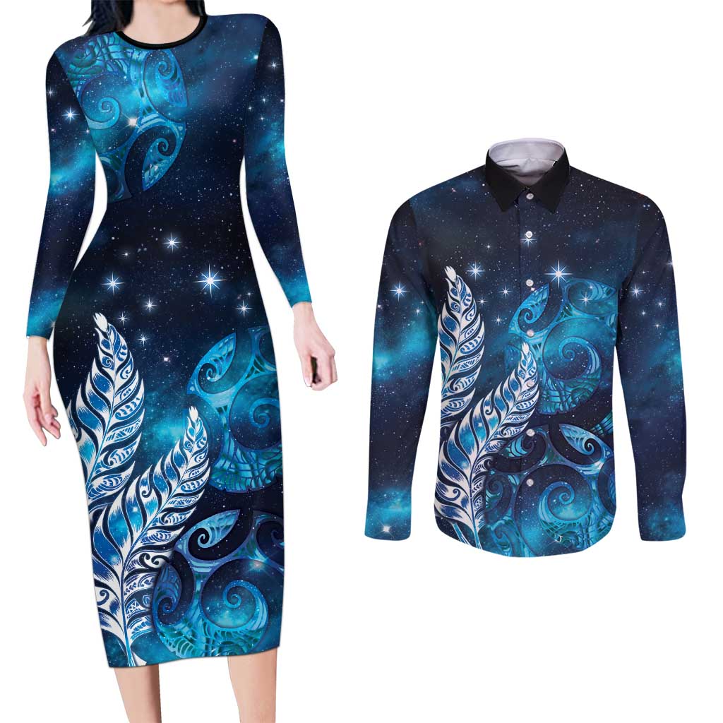New Zealand Matariki Couples Matching Long Sleeve Bodycon Dress and Long Sleeve Button Shirt Maori Koru Mix Silver Fern DT04 Blue - Polynesian Pride