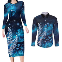 New Zealand Matariki Couples Matching Long Sleeve Bodycon Dress and Long Sleeve Button Shirt Maori Koru Mix Silver Fern DT04 Blue - Polynesian Pride