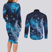 New Zealand Matariki Couples Matching Long Sleeve Bodycon Dress and Long Sleeve Button Shirt Maori Koru Mix Silver Fern DT04 - Polynesian Pride