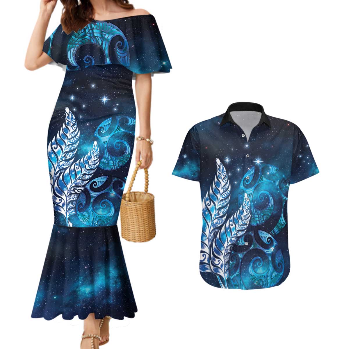 New Zealand Matariki Couples Matching Mermaid Dress and Hawaiian Shirt Maori Koru Mix Silver Fern DT04 Blue - Polynesian Pride