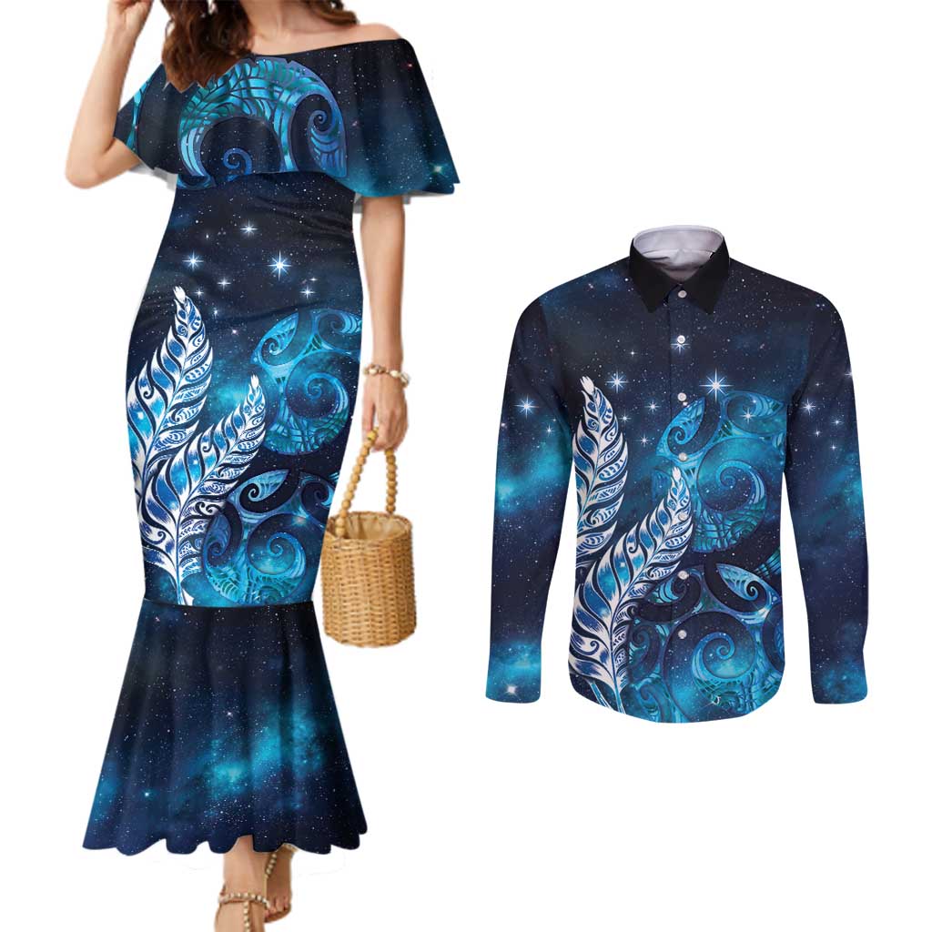 New Zealand Matariki Couples Matching Mermaid Dress and Long Sleeve Button Shirt Maori Koru Mix Silver Fern DT04 Blue - Polynesian Pride