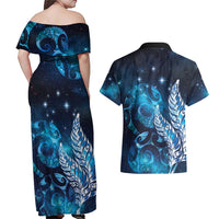 New Zealand Matariki Couples Matching Off Shoulder Maxi Dress and Hawaiian Shirt Maori Koru Mix Silver Fern DT04 - Polynesian Pride