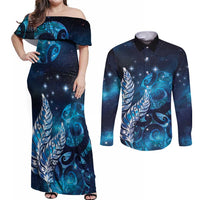 New Zealand Matariki Couples Matching Off Shoulder Maxi Dress and Long Sleeve Button Shirt Maori Koru Mix Silver Fern DT04 Blue - Polynesian Pride