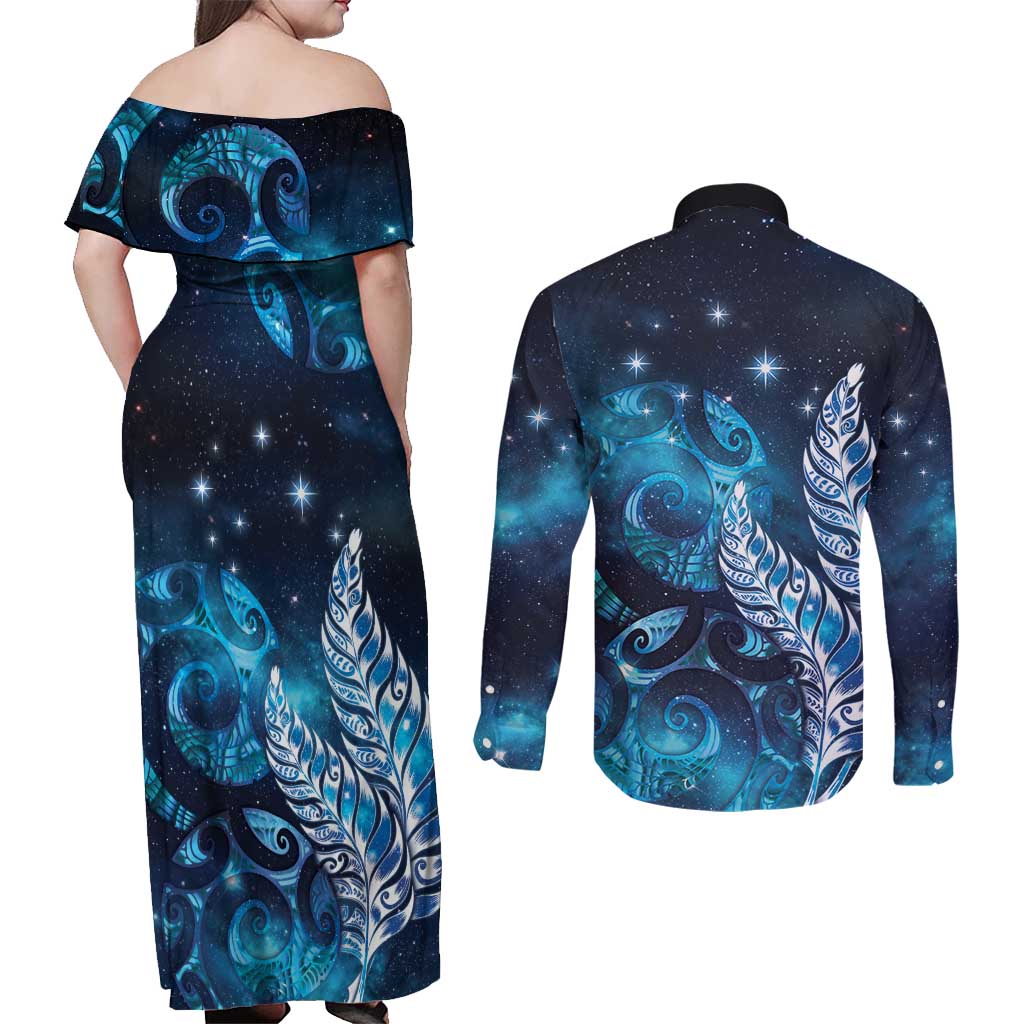 New Zealand Matariki Couples Matching Off Shoulder Maxi Dress and Long Sleeve Button Shirt Maori Koru Mix Silver Fern DT04 - Polynesian Pride