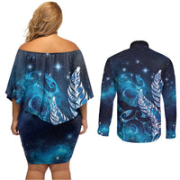 New Zealand Matariki Couples Matching Off Shoulder Short Dress and Long Sleeve Button Shirt Maori Koru Mix Silver Fern DT04 - Polynesian Pride