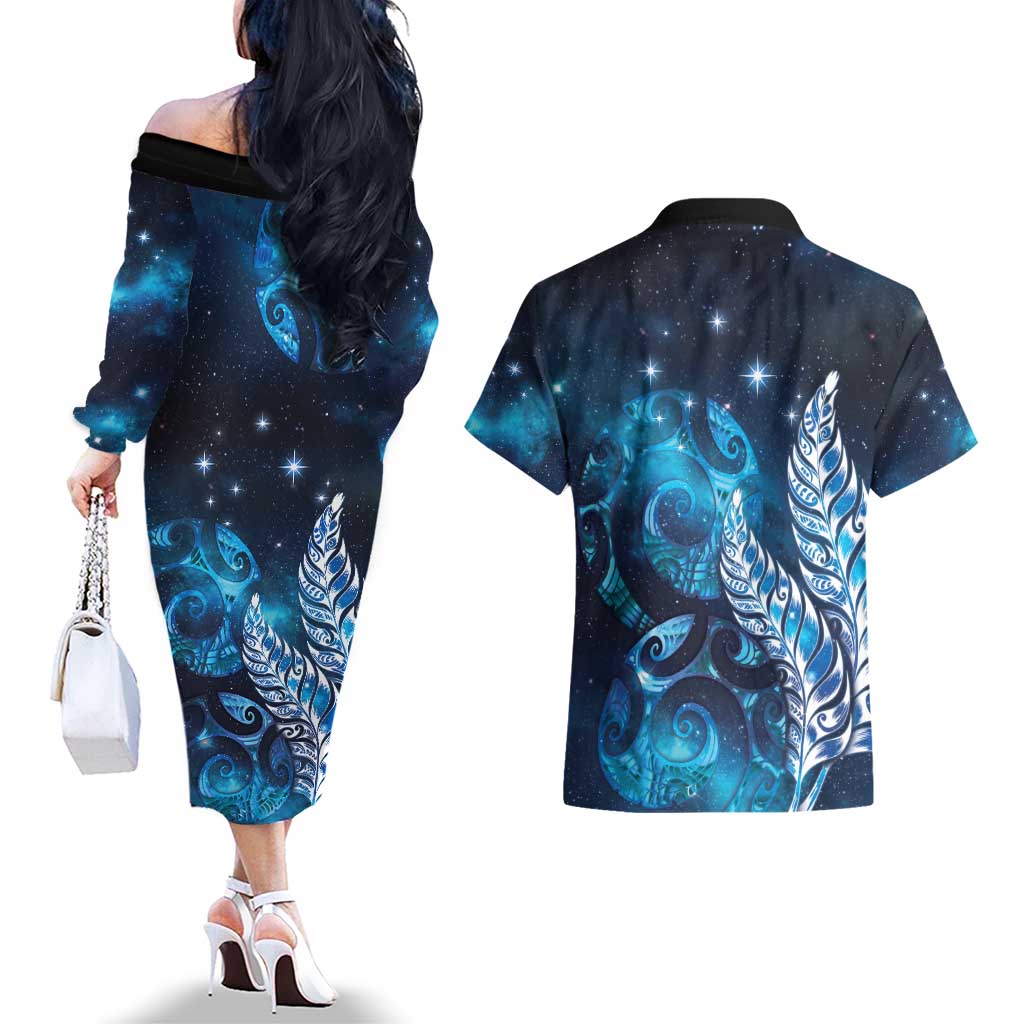 New Zealand Matariki Couples Matching Off The Shoulder Long Sleeve Dress and Hawaiian Shirt Maori Koru Mix Silver Fern DT04 - Polynesian Pride