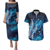 New Zealand Matariki Couples Matching Puletasi and Hawaiian Shirt Maori Koru Mix Silver Fern DT04 Blue - Polynesian Pride