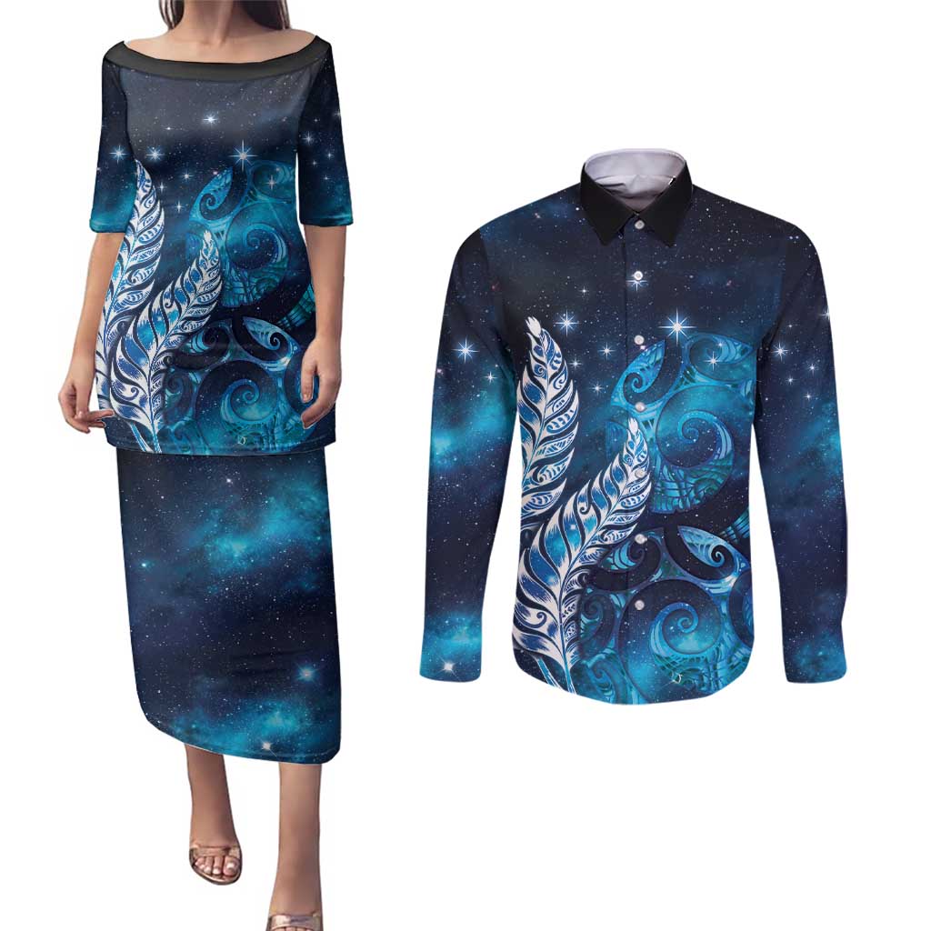 New Zealand Matariki Couples Matching Puletasi and Long Sleeve Button Shirt Maori Koru Mix Silver Fern DT04 Blue - Polynesian Pride