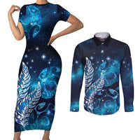 New Zealand Matariki Couples Matching Short Sleeve Bodycon Dress and Long Sleeve Button Shirt Maori Koru Mix Silver Fern DT04 Blue - Polynesian Pride